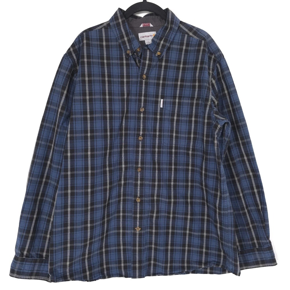 CARHARTT Mens Plaid Flannel Shirt LARGE Relaxed Fit Blue 100% Cotton 3500004409